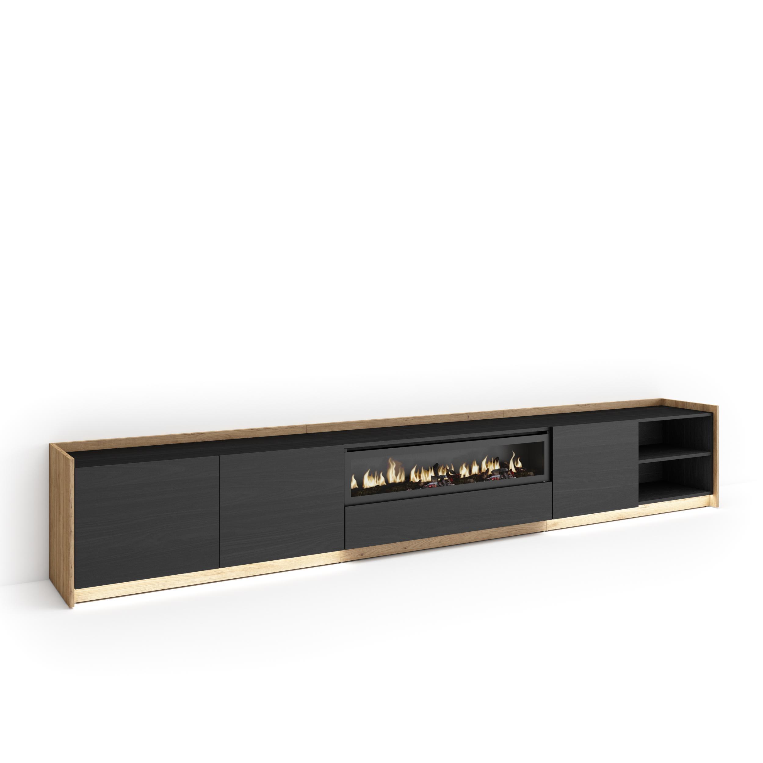 LOWBOARD, Schwarz und Eiche, 310/37/50cm, Kamin mit Feuereffekt - Schwarz, Holzwerkstoff (310/50/37cm) - Skraut Home