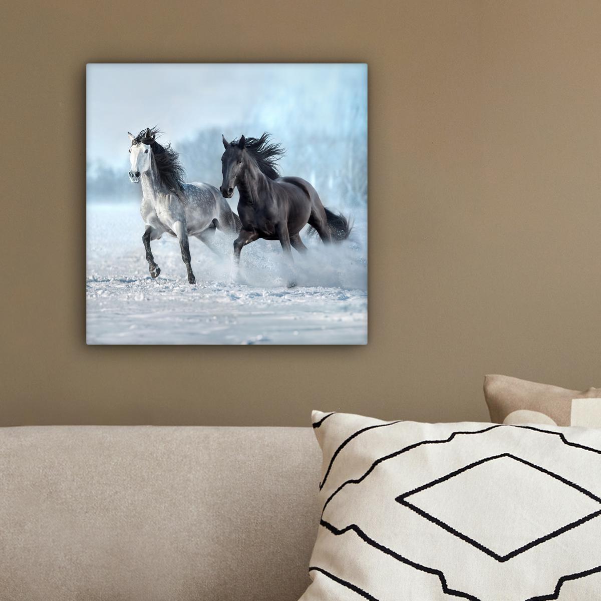 LEINWANDBILD Pferde - Winter - Tiere - Natur - Schnee Deko Wohnzimmer 20x20 cm - Anthrazit, Textil (20/20cm) - MuchoWow
