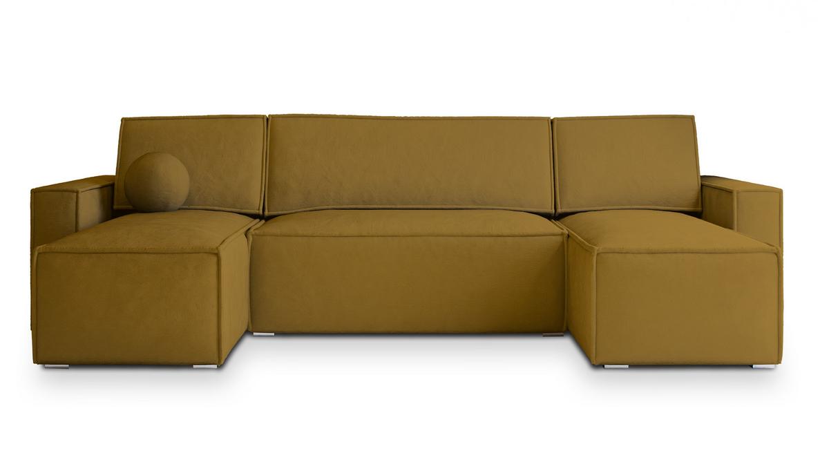 WOHNLANDSCHAFT PESANO M Gelb Velours-Stoff mit Schlaffunktion - Gelb, Holz (306/85/140cm) - MASSENO