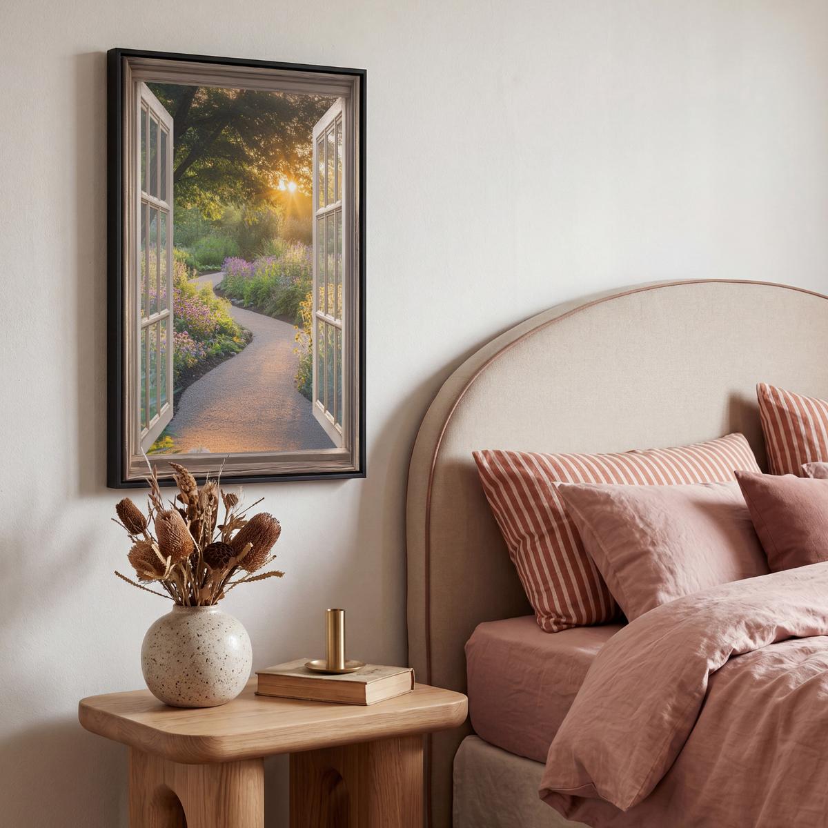 LEINWAND Bilder mit Rahmen - Aussicht - Blumen - Natur - Sonne - Weg - 40x60 - Hellgelb, Textil (40/60cm) - MuchoWow