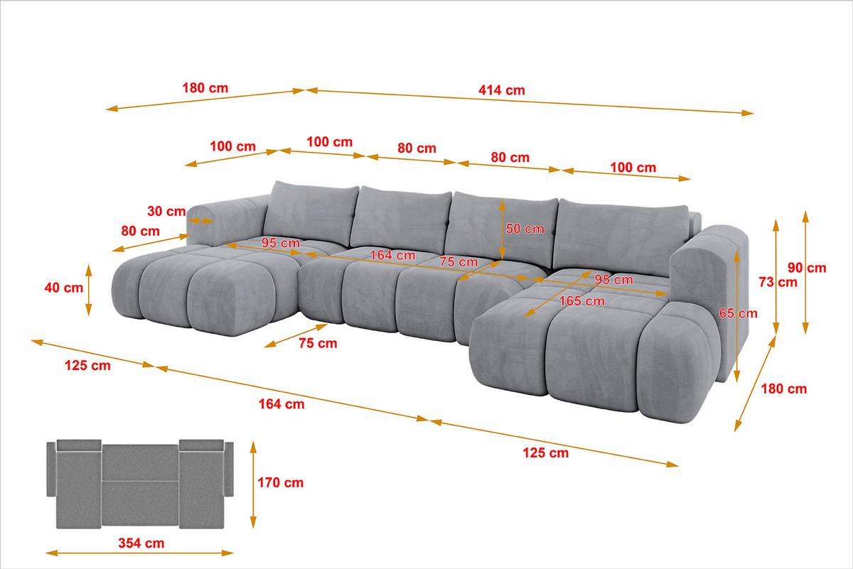 WOHNLANDSCHAFT CLOUD-U 405x185x90 Hellgrau Velours - Hellgrau, Holzwerkstoff/Kunststoff (405/90/185cm) - ALTDECOR