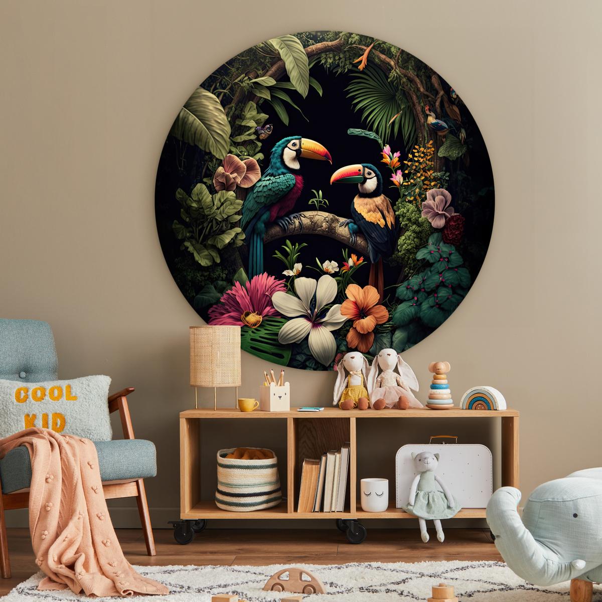 WANDBILD Vogel - Blumen - Pflanzen - Dschungel - Schwarz - Tukan Deko Groß 150x150 cm - Smaragdgrün, Kunststoff (150/150cm) - MuchoWow