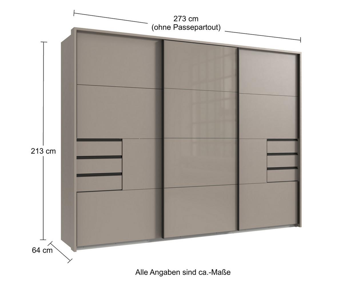 SCHWEBETÜRENSCHRANK 3-türig B273/H213/T64 cm, Sandgrau/Mitteltür Glas, Passepartout-Kleiderschrank mit Schubladen & Vollausstattung, / 22620 - Sandfarben/Schwarz, Holzwerkstoff/Metall (273/213/64cm) - luma-home
