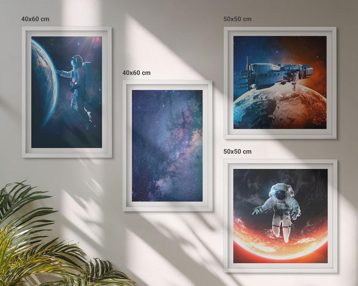 BILDER SET 4er Set - 50x50 cm & 40x60 cm Weißer Rahmen - Weltraum-Astronauten-Sterne - Weiß, Kunststoff (50/50cm) - TULUP