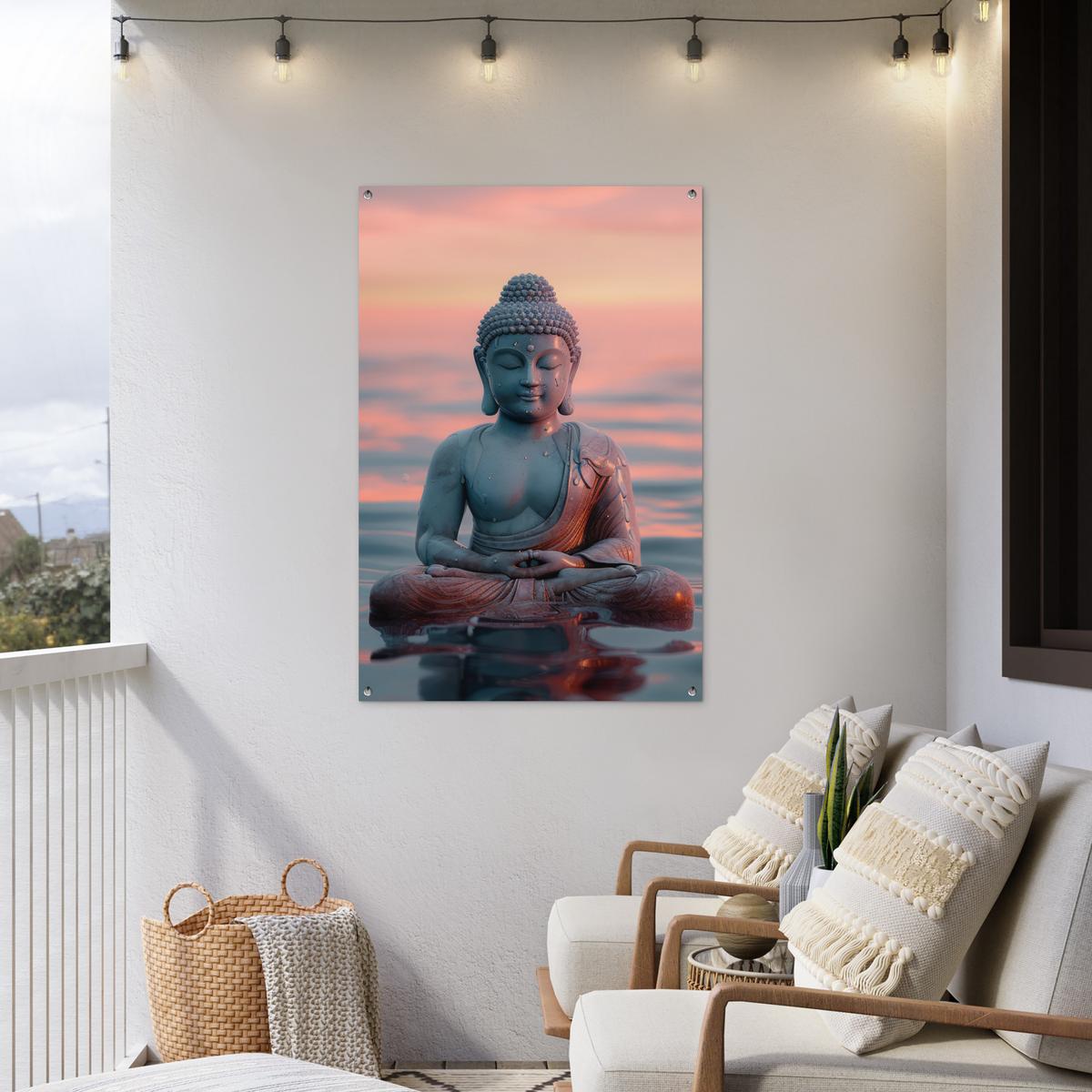 GARTENPOSTER Buddha - Statue - Buddha - Wasser - Kunst - Buddha Outdoor Bilder 80x120 cm - Blaugrau, Kunststoff (80/120/0.2cm) - OnlyWow