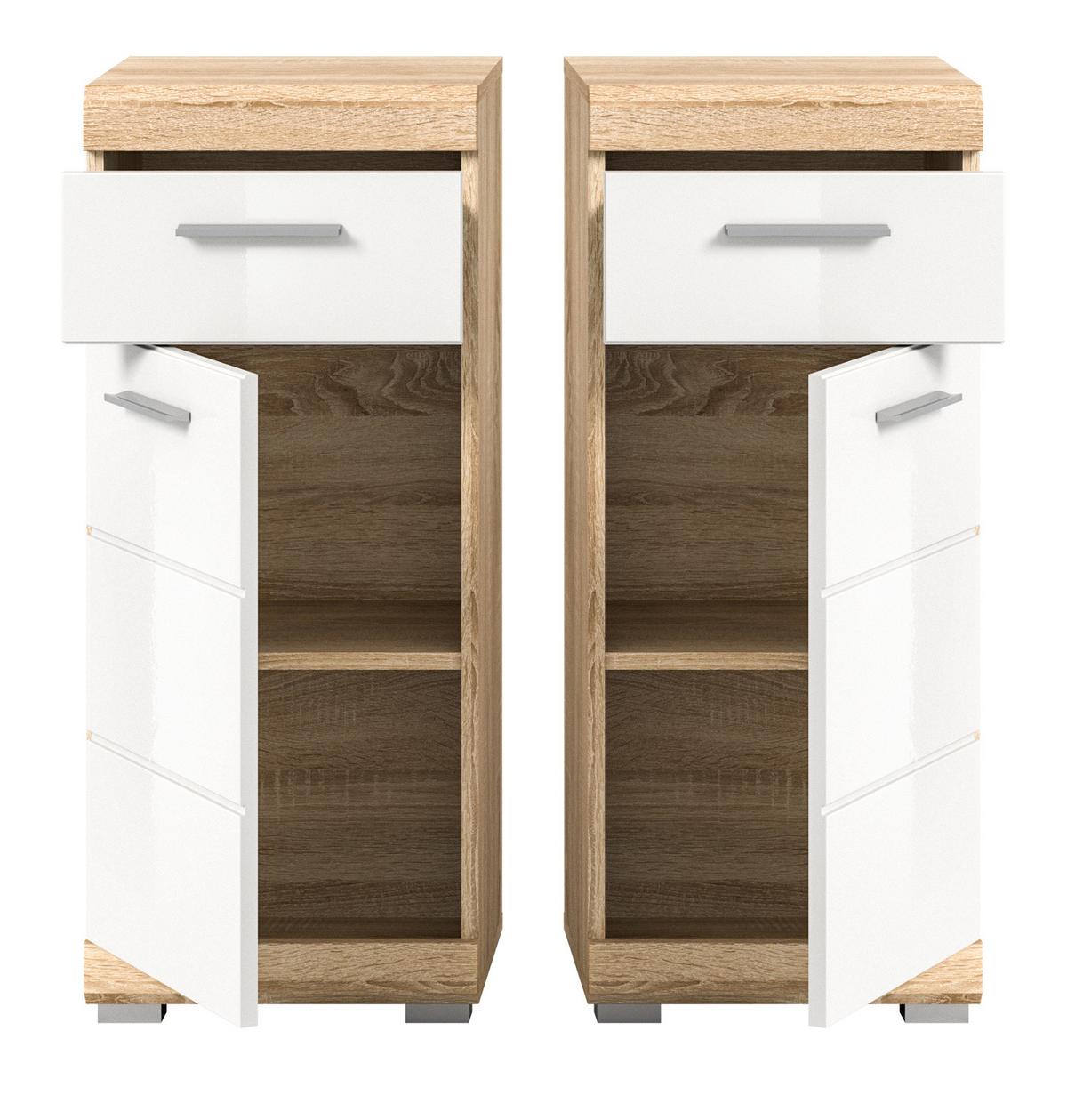 KOMMODE weiß Hochglanz, Eiche 37 x 88 cm Badschrank mit Vollauszug - Weiß Hochglanz/Eichefarben, Holzwerkstoff/Kunststoff (37/88/31cm) - Inn.Furn