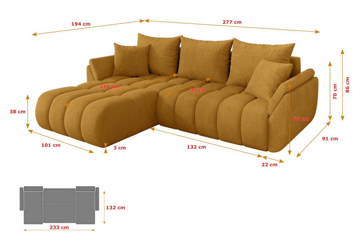 ECKSOFA mit Schlaffunktion Ottomane Links TOKO-L-v1 277x194x86 Senfgelb Cord - Dunkelgelb/Schwarz, Holzwerkstoff/Kunststoff (277/194cm) - ALTDECOR