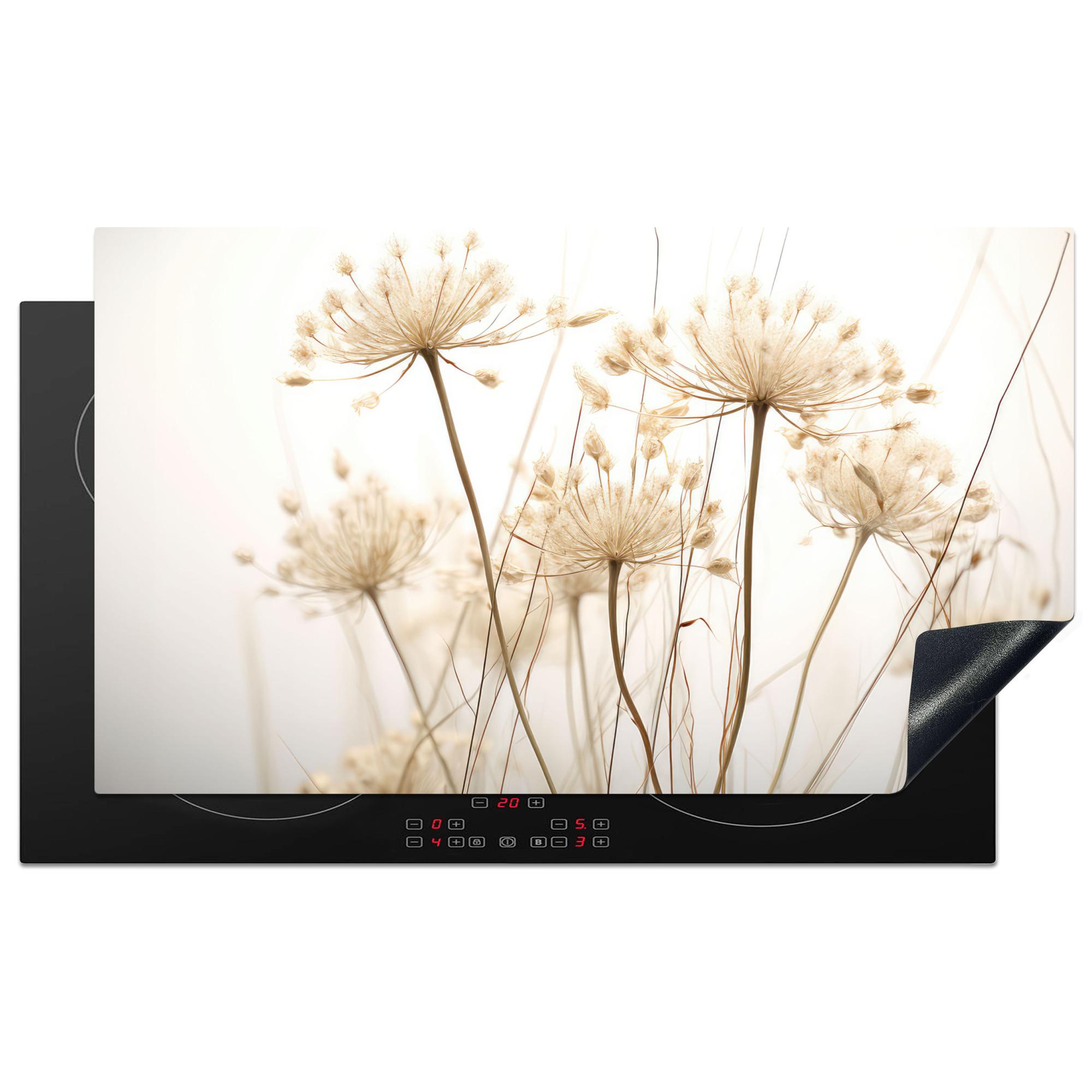 HERDABDECKPLATTE Blumen - Weiß - Sonnenlicht Induktionsschutz 89.6x51.6 cm - Ecru, Kunststoff (89.6/51.6/0.2cm) - MuchoWow