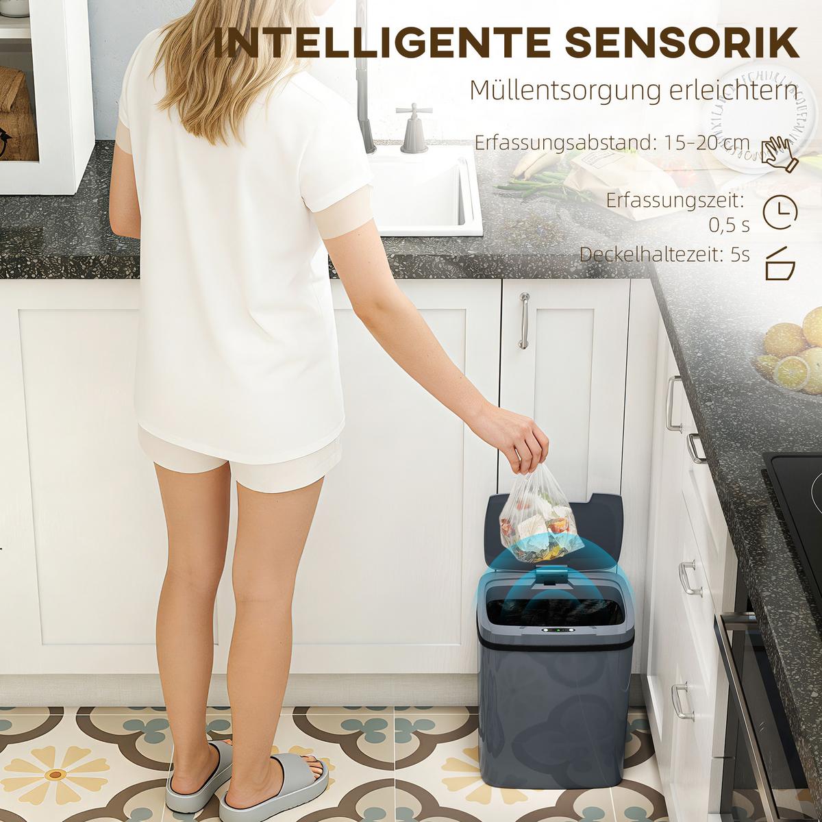 SENSOR-MÜLLEIMER Kunststoff Grau - Grau, Kunststoff (21.4/33.5/27.6cm) - HOMCOM