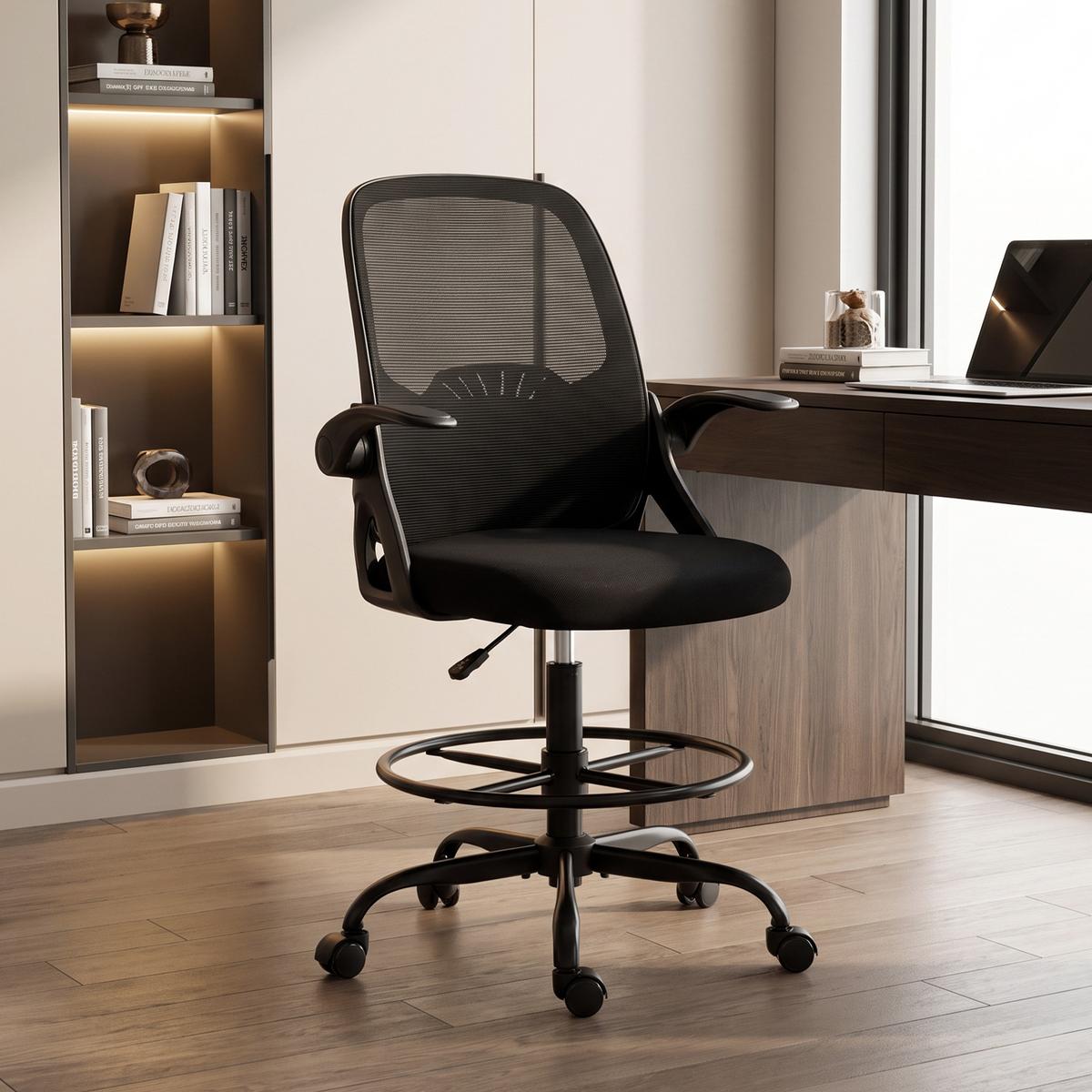 ARBEITSSTUHL Netzgewebe Stahl Schwarz - Schwarz, Kunststoff/Textil (59/124/65cm) - HOMCOM