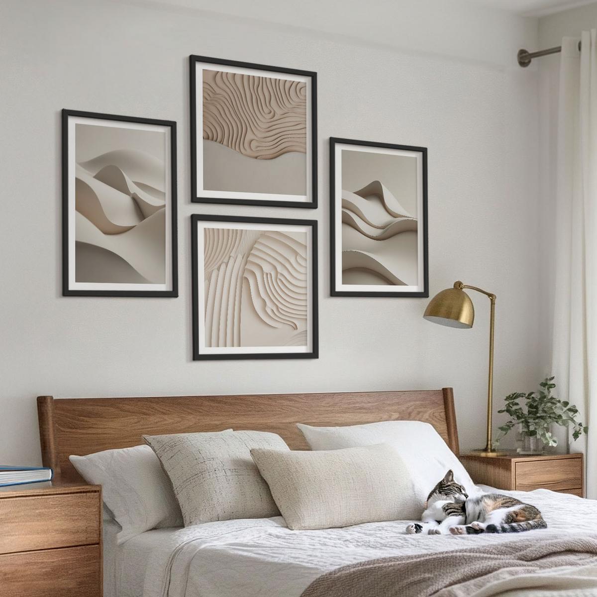 BILDER SET 4er Set - 50x50 cm & 40x60 cm Schwarzer Rahmen - Abstrakte beige Wellen - Schwarz, Kunststoff (50/50cm) - TULUP