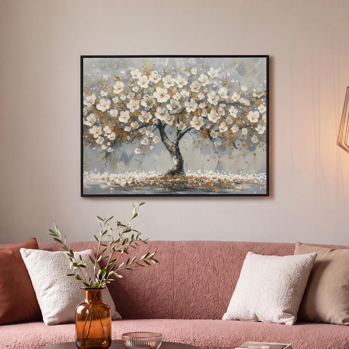 LEINWAND Bilder mit Rahmen - Baum - Blumen - Weiß - Natur - Kunst - 80x60 - Weiß, Textil (80/60cm) - MuchoWow