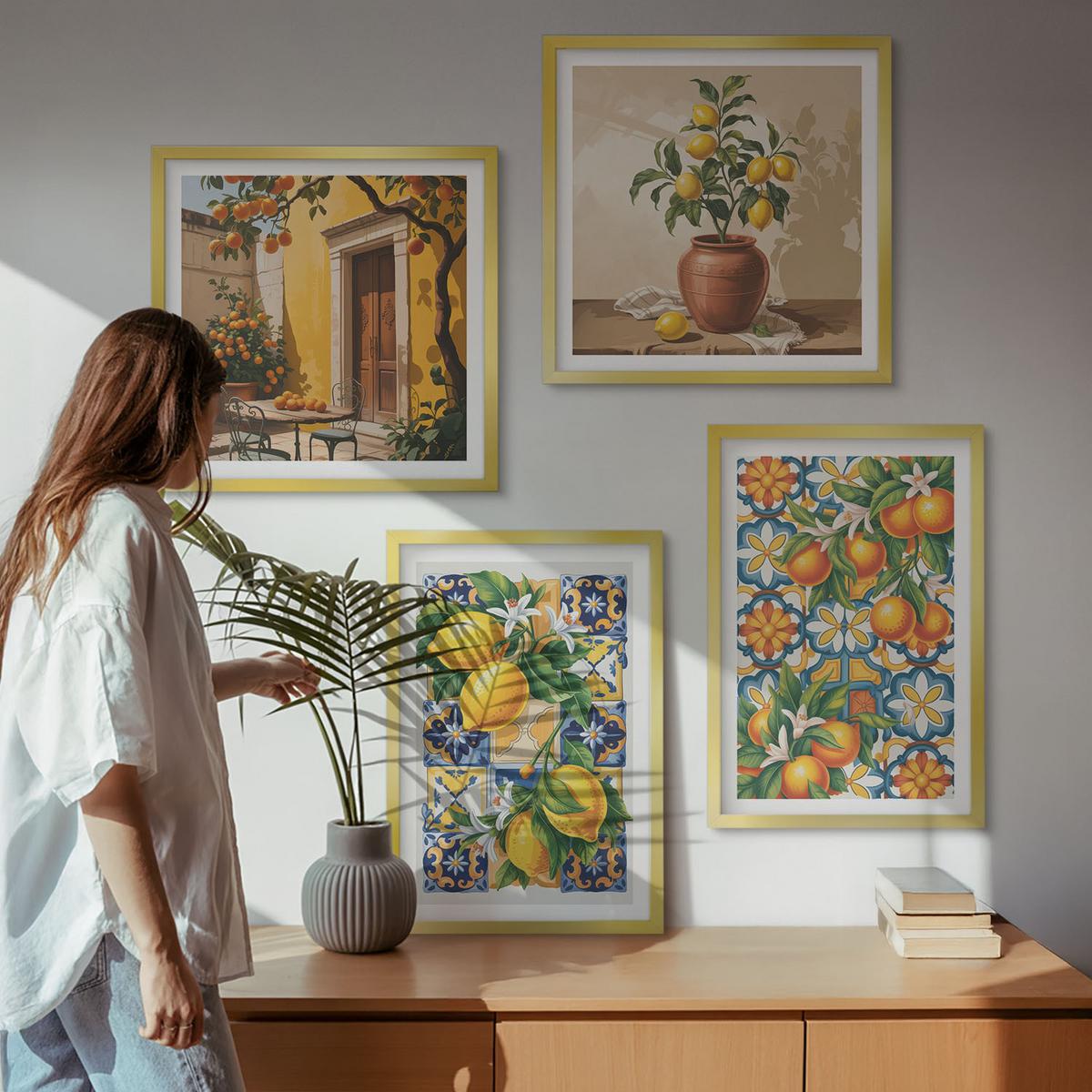 BILDER SET 4er Set - 50x50 cm & 40x60 cm Goldrahmen - Zitronenorange Blütenmuster - Goldfarben, Kunststoff (50/50cm) - TULUP