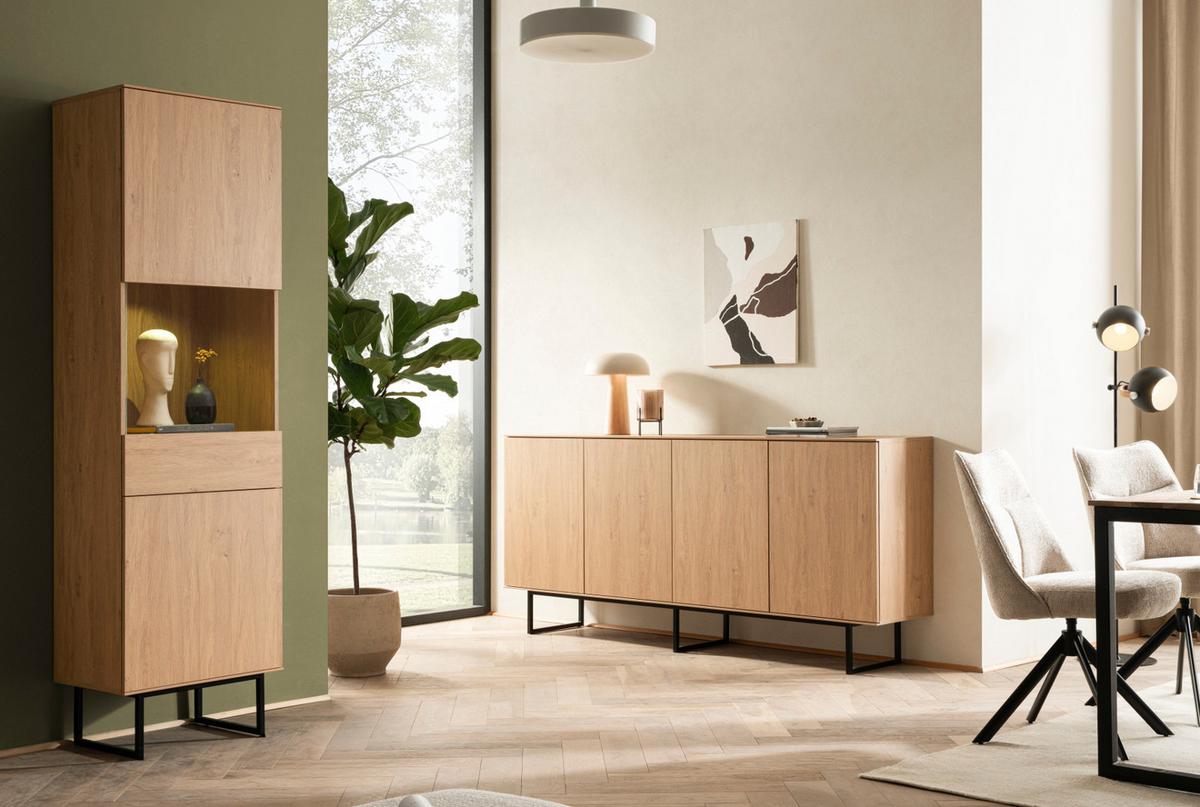 VITRINE Stone Eiche, Vitrinenschrank 58 x 200 cm, mit Push-to-Open - Eichefarben/Schwarz, Holzwerkstoff/Metall (58/200/40cm) - Furn.Design