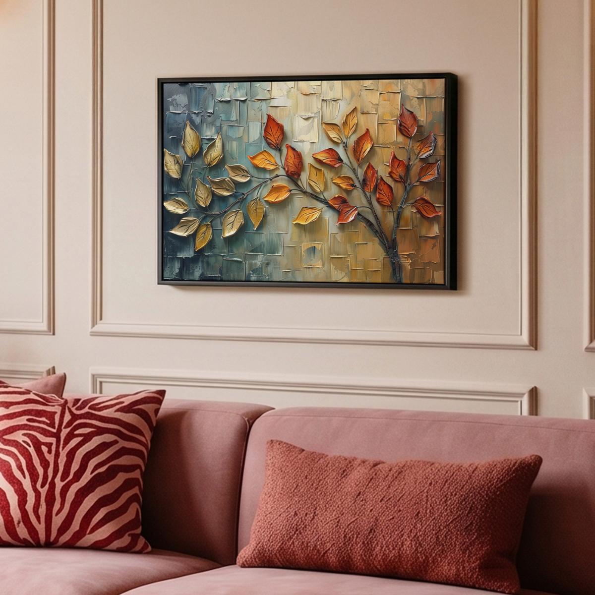 LEINWAND Bilder mit Rahmen - Baum - Abstrakt - Natur - Kunst - 60x40 - Goldfarben, Textil (60/40cm) - MuchoWow