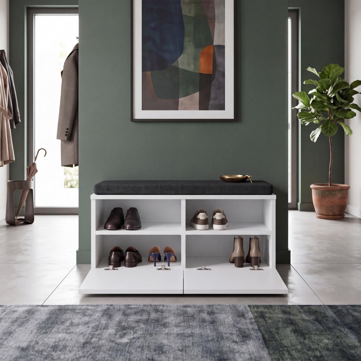 SCHUHBANK Brande - Schwarz/Weiß, Holzwerkstoff/Textil (80/42/35cm) - [en.casa]