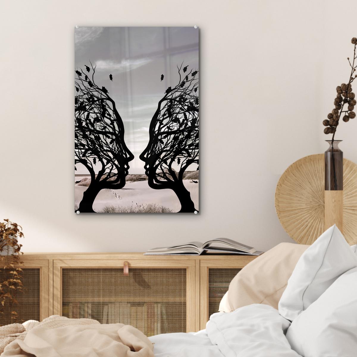 ACRYLGLASBILD Strand - Meer - Menschen - Baum - Moderne Kunst Wanddeko Wohnzimmer 40x60 cm - Hellgrau, Glas (40/60cm) - MuchoWow