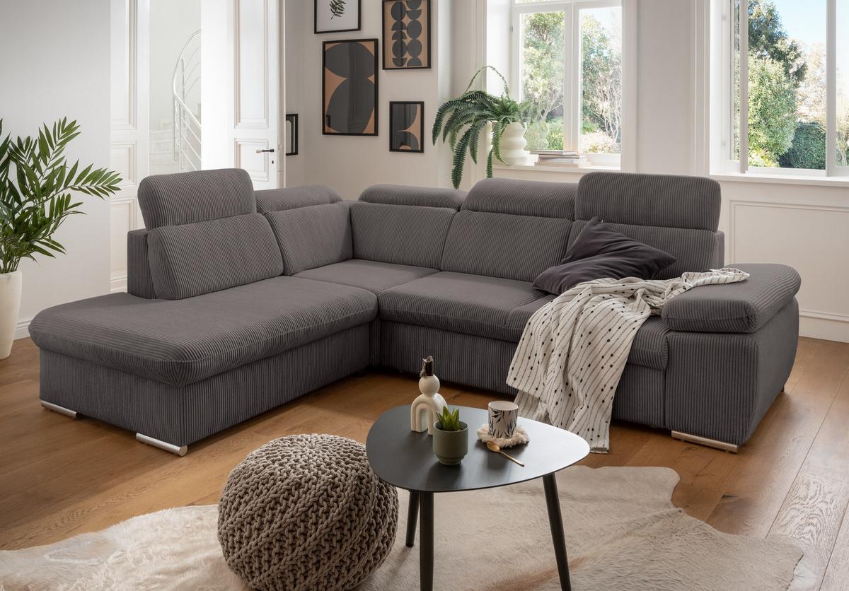 ECKSOFA mit Schlaffunktion, Bettkasten, Kopfstützen verstellbar, Wellenunterfederung, Ottomane links B283/T228/H102 cm, Cord Dunkelgrau / 17219 - Chromfarben/Dunkelgrau, Textil/Metall (283/228cm) - luma-home