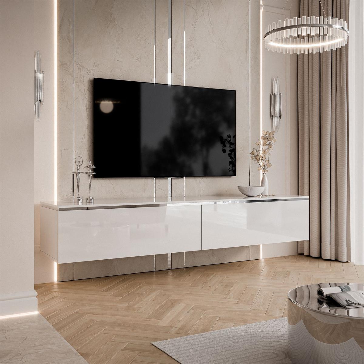 TV-SCHRANK AURORA SILVER 180 cm mit LED-Beleuchtung – hängend - Weiß Hochglanz, Holzwerkstoff (180/32/40cm) - Lookway