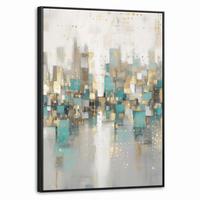 LEINWAND Bilder mit Rahmen - Abstrakt - Blöcke - Gold - Skyline - 70x100 - Beige, Textil (70/100cm) - MuchoWow