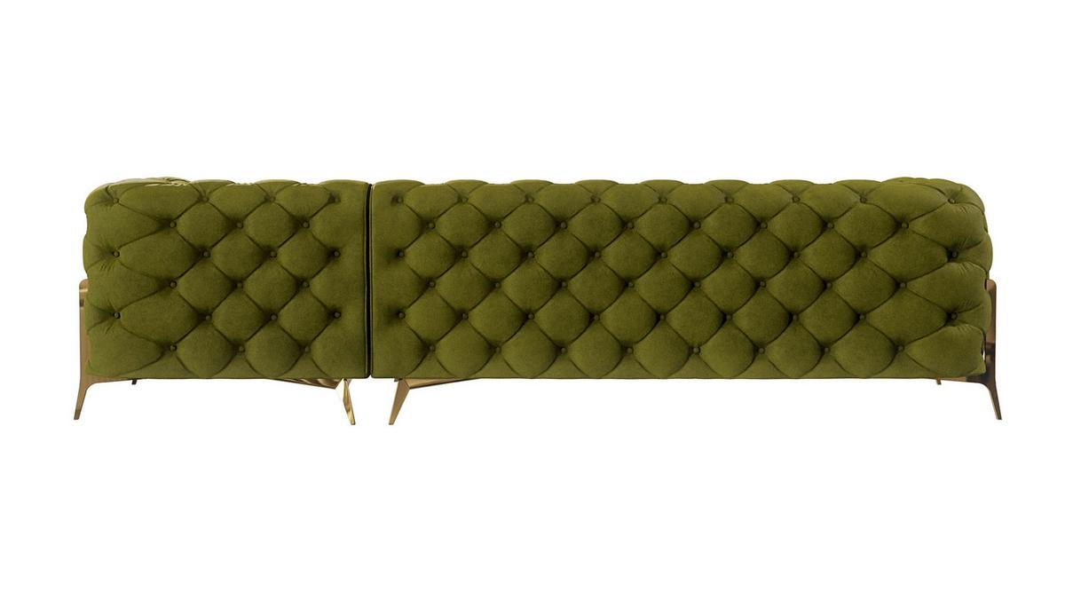 ECKSOFA Chesterfield Lexi Olive Samt, Ottomane rechts - Goldfarben/Olivgrün, Holz/Textil (305/200cm) - S-Style