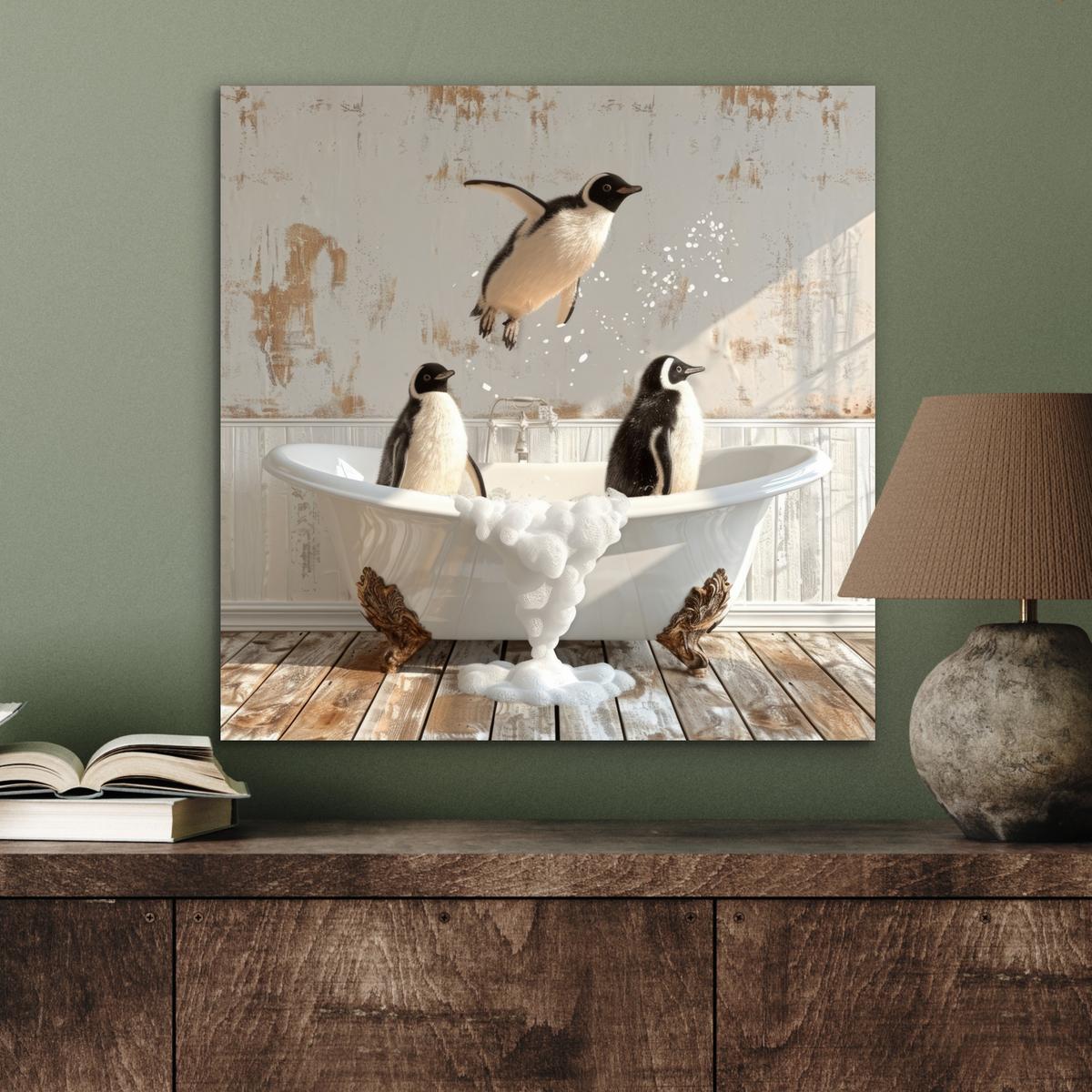 METALLBILD Vintage - Pinguin - Badewanne - Schaumstoff 50x50 cm - Schwarz, Metall (50/50cm) - MuchoWow