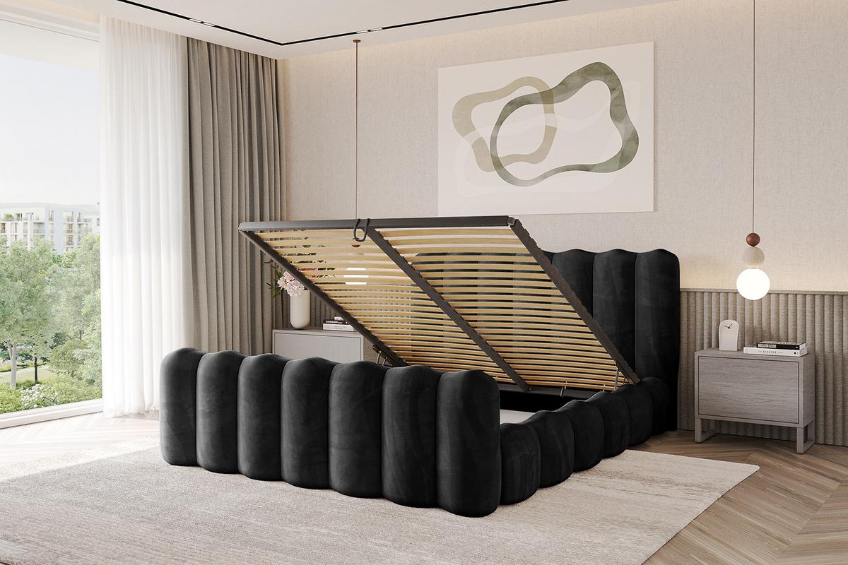 POLSTERBETT mit Bettkasten, Fußteil und Lattenrost, Bett mit Matratze H3/H4 - SORA-Z 180x200 Schwarz - Schwarz, Holzwerkstoff/Textil (180/200cm) - ALTDECOR