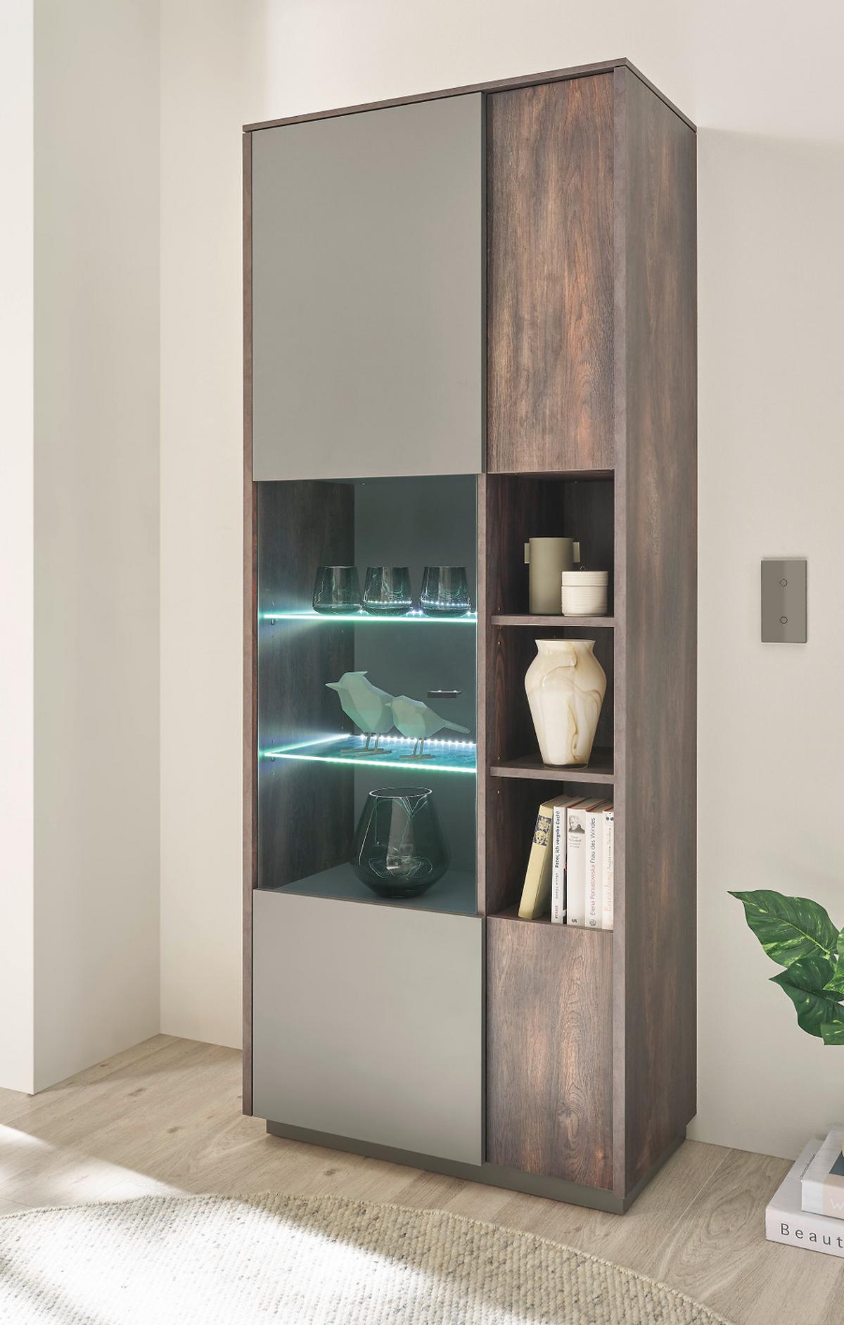 ESSZIMMER-SET Thermo Eiche, grau, Speisezimmer 4-teilig mit Soft-Close - Eichefarben/Schwarz, Glas/Holzwerkstoff (200/200/81cm) - Furn.Design