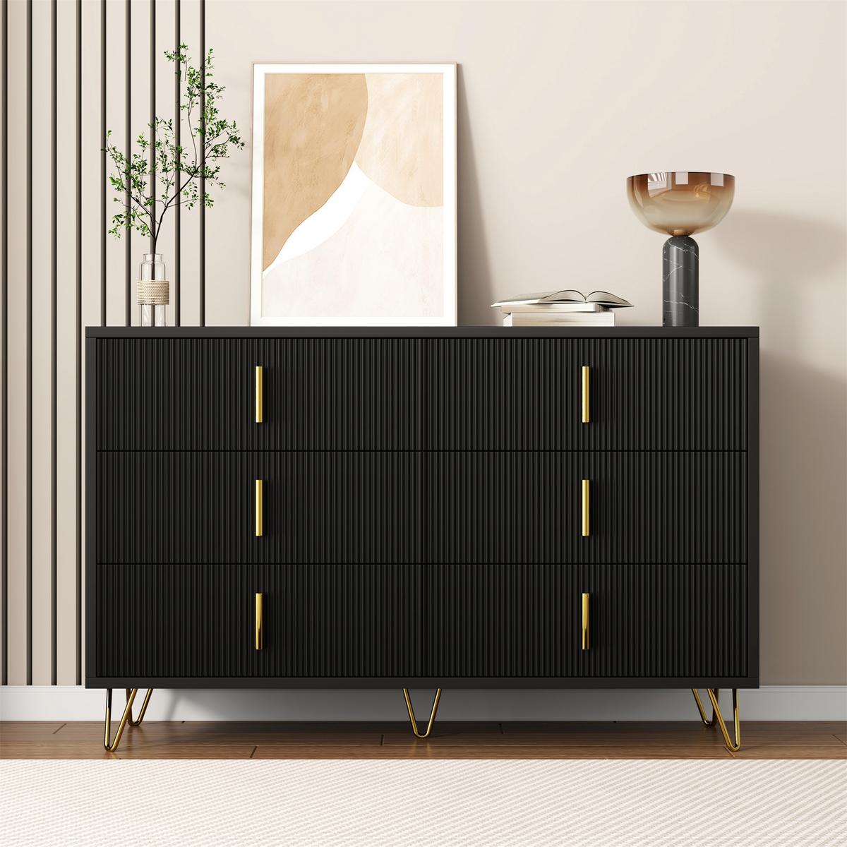 SIDEBOARD schwarz gold 120cm 6 schubladen modern - Schwarz, Holzwerkstoff (120/77/40cm) - Urban Meuble