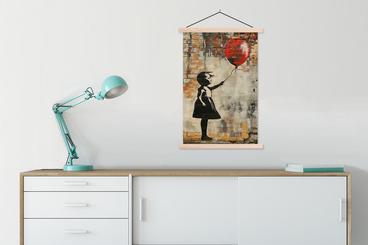 POSTER MIT MAGNETLEISTEN Graffiti - Banksy - Mädchen - Straßenkunst Wandbild Schlafzimmer 60x90 cm - Sandfarben, Textil (60/90/0.15cm) - MuchoWow