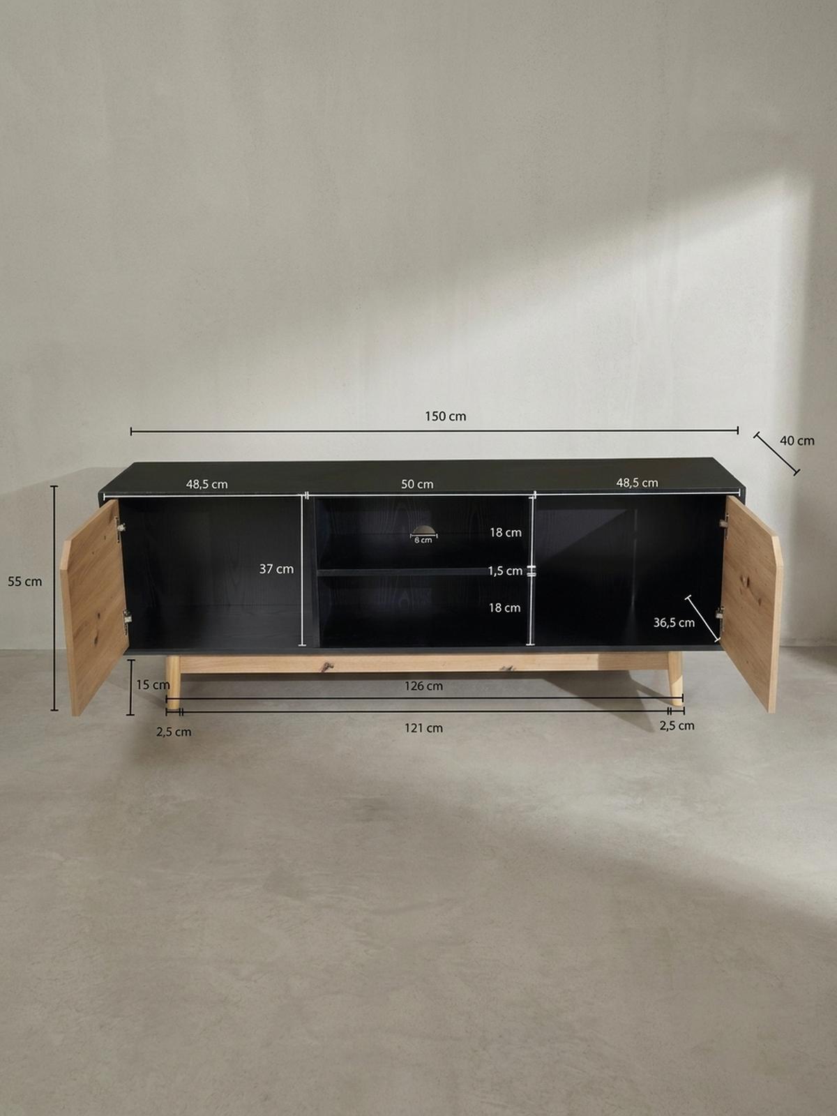 TV-LOWBOARD mit Eiche-Dekor, 2 Türen, modern, Schwarz-Beige 150x40x55 cm - Eichefarben/Schwarz, Holz (150/55/40cm) - KADIMA DESIGN