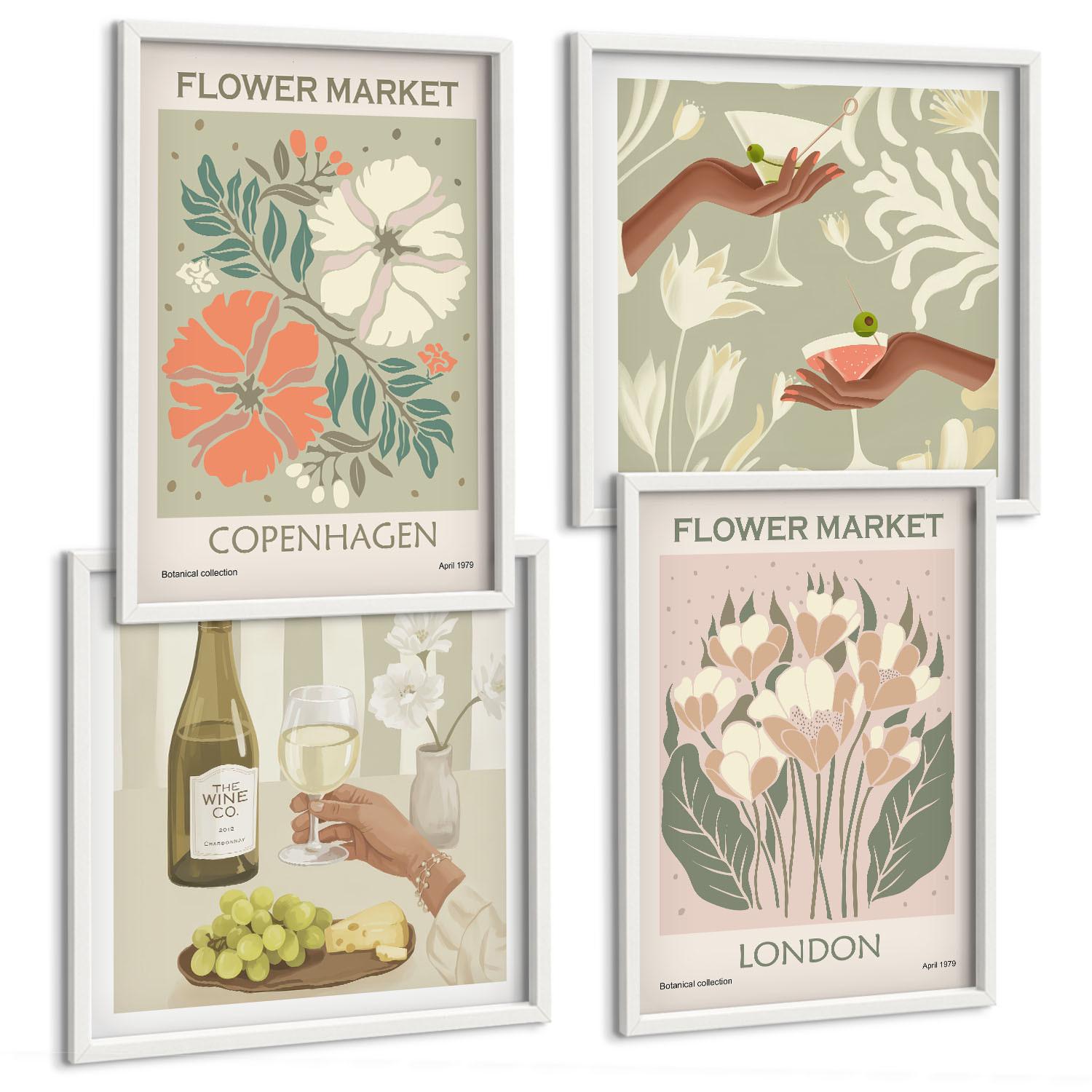 BILDER SET 4er Set - 50x50 cm & 40x60 cm Weißer Rahmen - Blumenposter Weinstadt - Weiß, Kunststoff (50/50cm) - TULUP