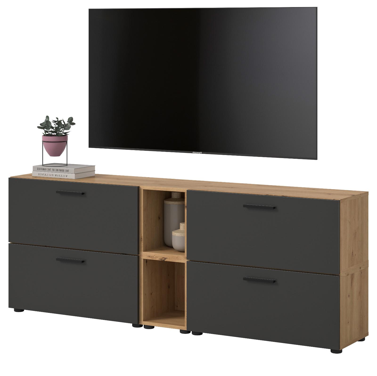 TV-LOWBOARD grau, Eiche Artisan 176 cm, Fernsehtisch hängend / stehend mit Soft-Close - Schwarz/Eiche Artisan, Holzwerkstoff/Kunststoff (176/67/34cm) - Inn.Furn