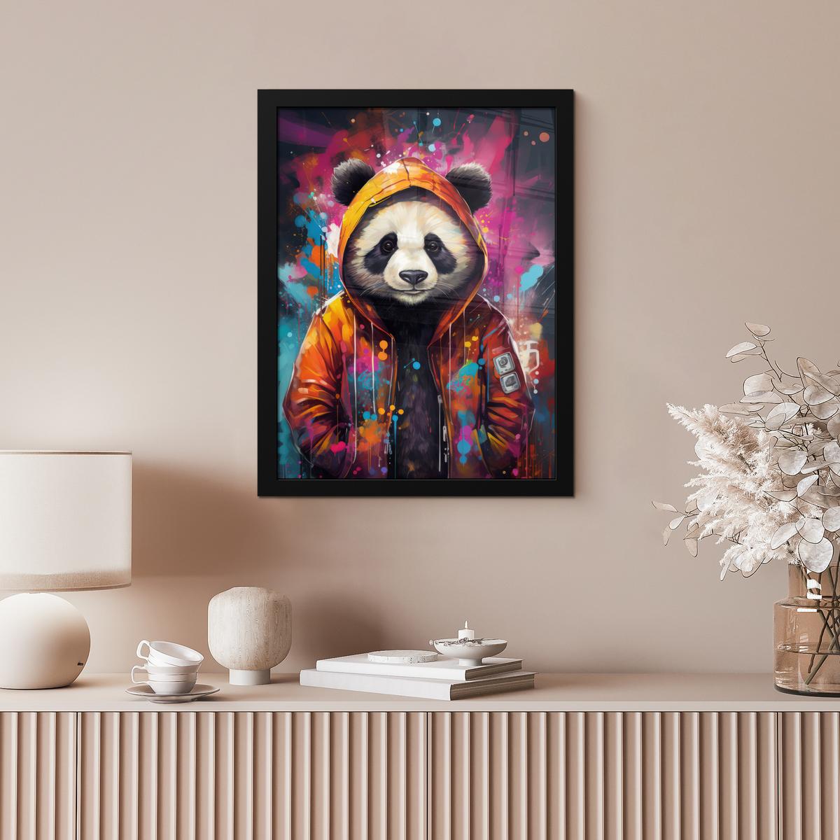 POSTER MIT RAHMENGERAHMTES BILD Panda - Jacke - Graffiti - Orange Bilderrahmen 30x40 cm - Orange, Papier (30/40cm) - MuchoWow