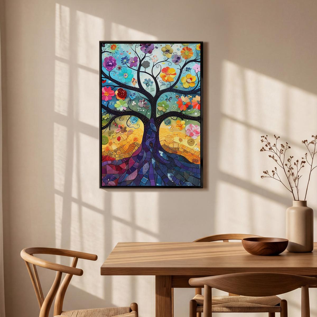 LEINWAND Bilder mit Rahmen - Kunst - Baum des Lebens - Blumen - Hippie - 60x90 - Dunkelblau, Textil (60/90cm) - MuchoWow