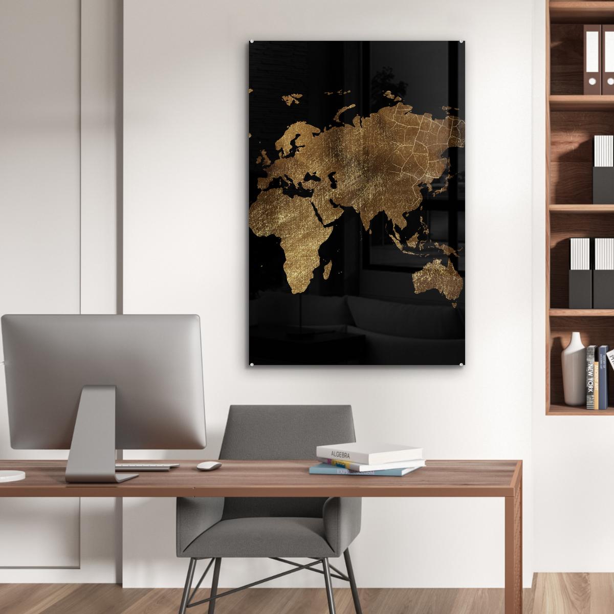 ACRYLGLASBILD Weltkarte - Gold - Luxus - Erde - Schwarz 80x120 cm - Goldfarben, Glas (80/120cm) - MuchoWow