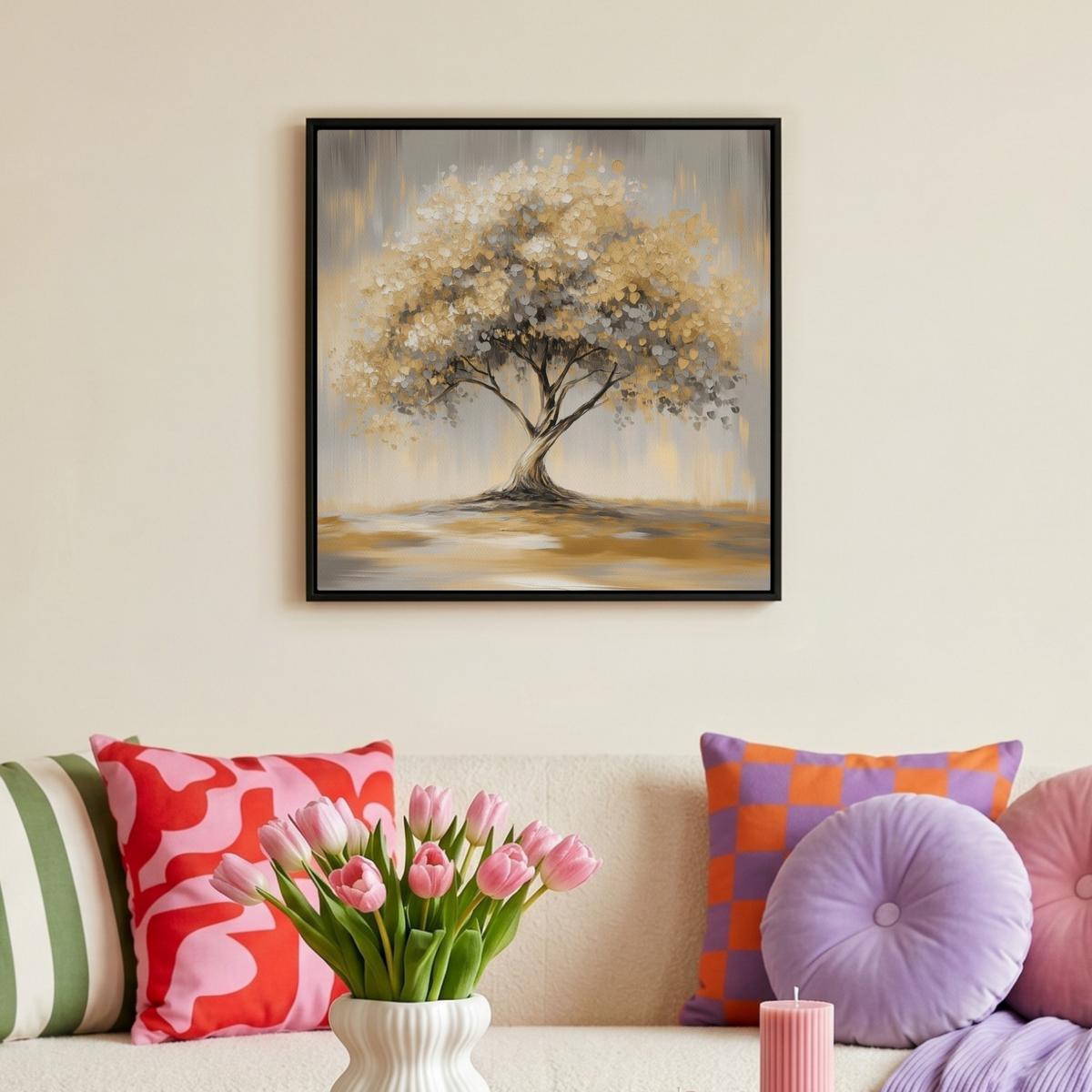 LEINWAND Bilder mit Rahmen - Gemälde - Baum - Abstrakt - Blätter - 50x50 - Beige, Textil (50/50cm) - MuchoWow