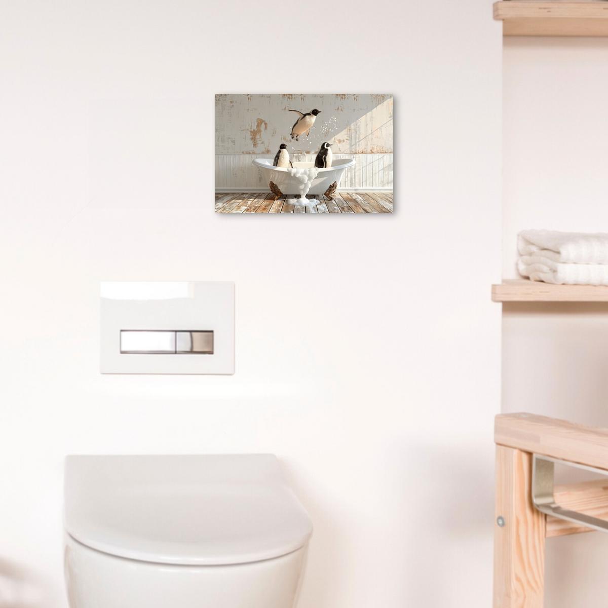 LEINWANDBILD Vintage - Pinguin - Badewanne - Schaumstoff Deko Schlafzimmer 30x20 cm - Schwarz, Textil (30/20cm) - MuchoWow