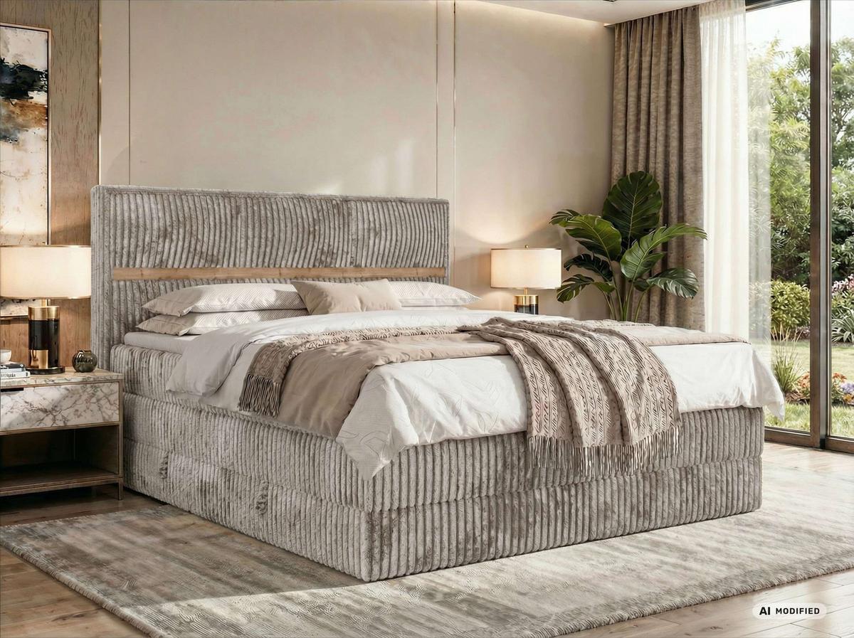 BOXSPRINGBETT ORVO KING 140/200 - Hellbraun Cord - Topper Visco - H3 - Hellbraun/Schwarz, Kunststoff/Textil (140/200cm) - MKS