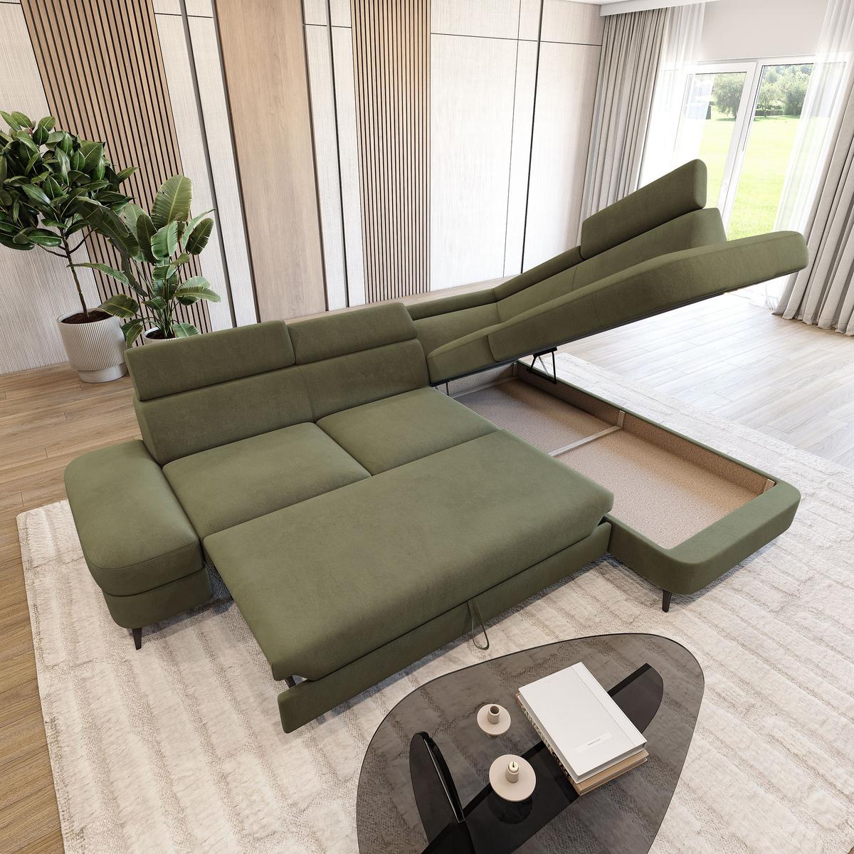 ECKSOFA AVISE MV R-S Grün Velours-Stoff mit Schlaffunktion - Grün, Holzwerkstoff/Textil (268/195cm) - MASSENO