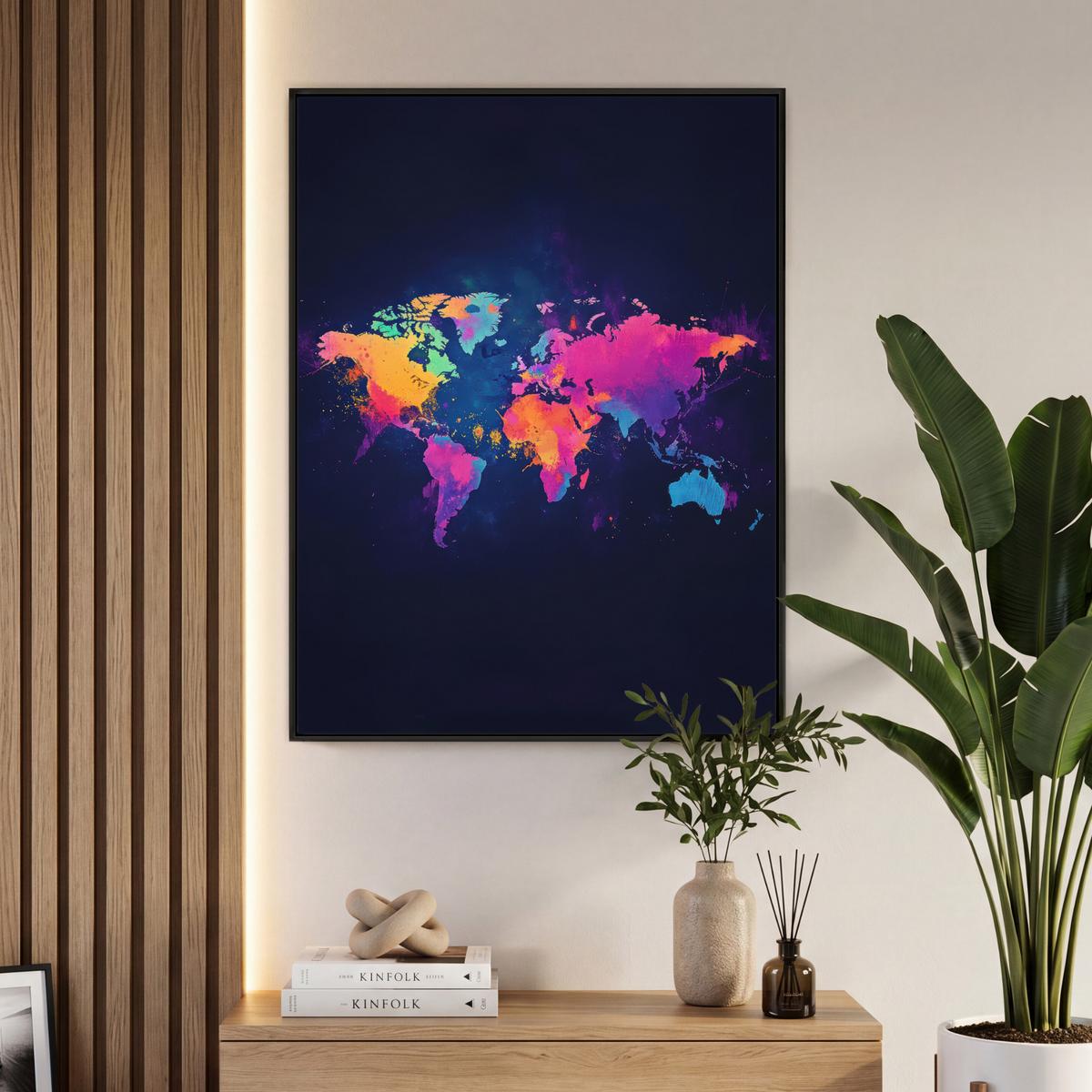 LEINWAND Bilder mit Rahmen - Weltkarte - Bunt - Graffiti - 70x100 - Multicolor, Textil (70/100cm) - MuchoWow