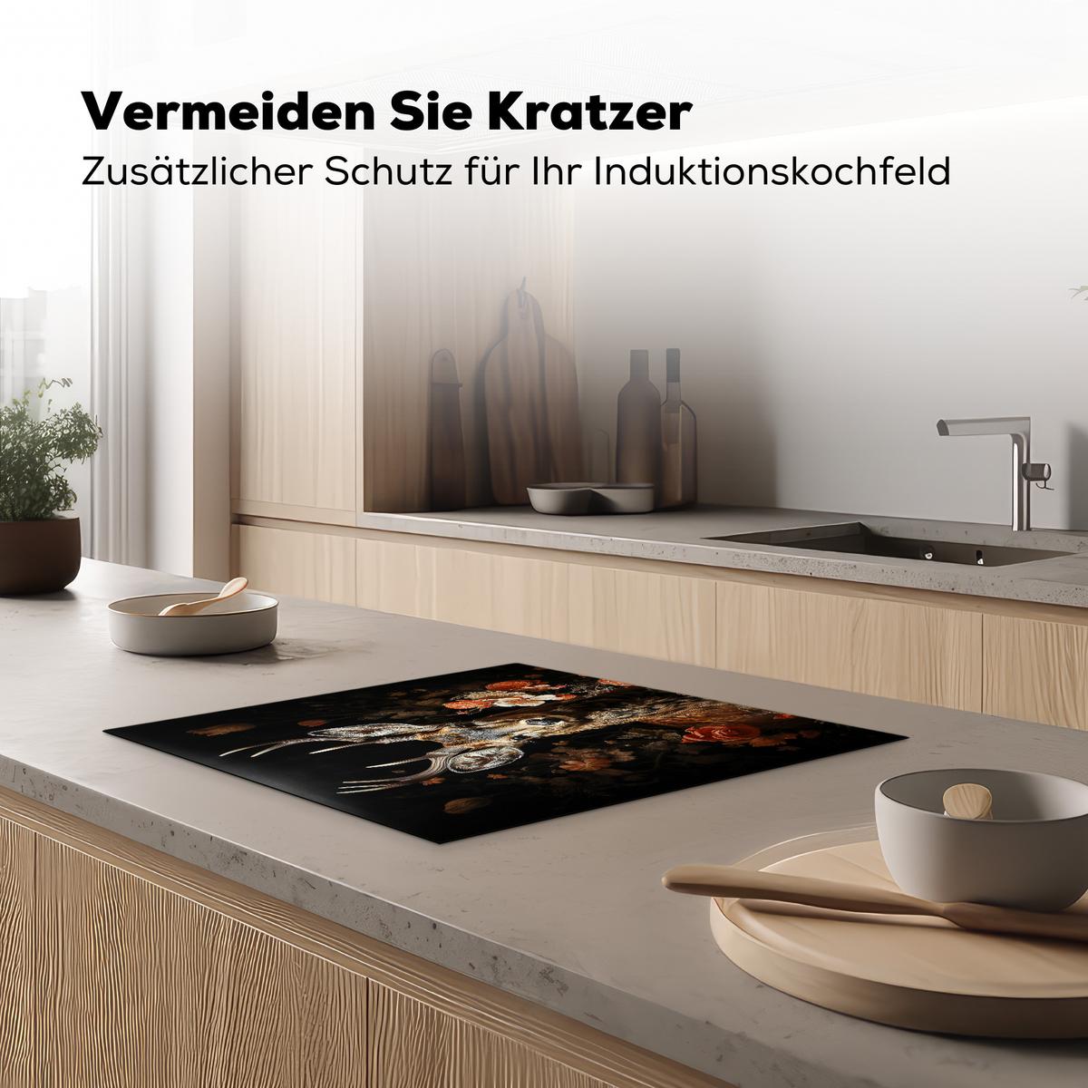 HERDABDECKPLATTE Hirsch - Tier - Blumen - Natur - Botanisch Abdeckung Ceranfeld 59x51 cm - Kupferfarben, Kunststoff (59/51/0.2cm) - MuchoWow