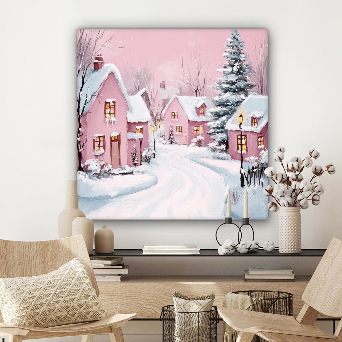 LEINWANDBILD Weihnachtsdorf - Rosa - Winter - Schnee - Häuser Deko Groß 90x90 cm - Altrosa, Textil (90/90cm) - MuchoWow