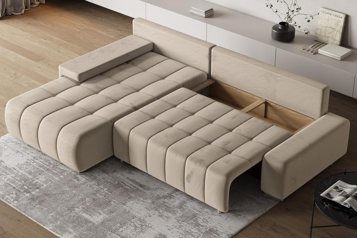 ECKSOFA ALESE L-S Creme Velours-Stoff mit Schlaffunktion - Silberfarben/Creme, Holz/Textil (265/185cm) - MASSENO