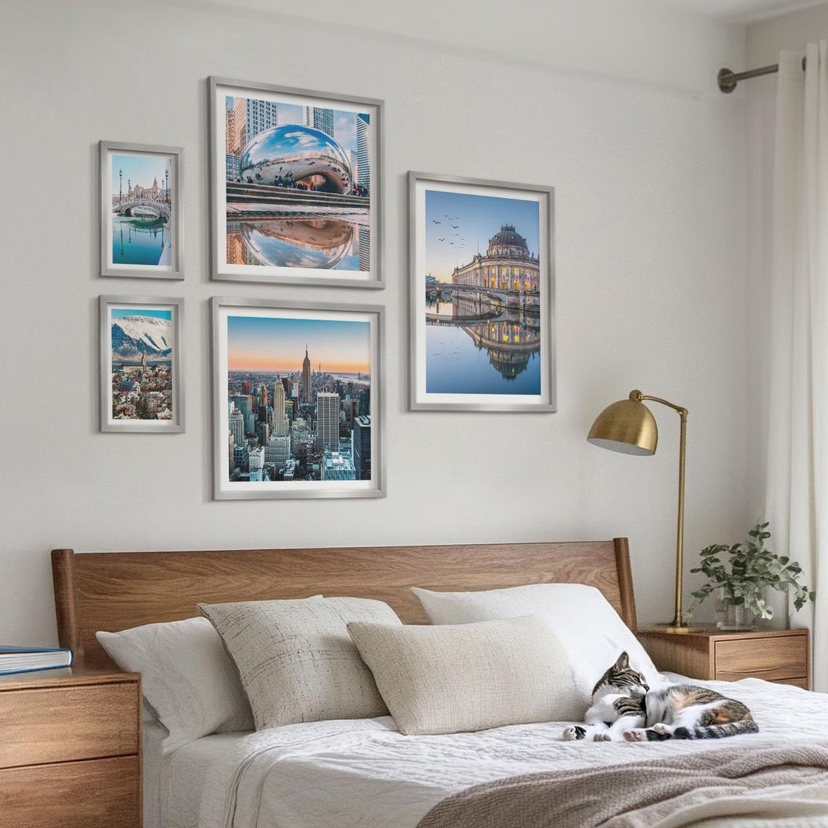 BILDER SET 5er Set - 50x50 cm & 20x30 cm & 40x60 cm Silberner Rahmen - Architektur von Städten am Wasser - Silberfarben, Kunststoff (40/60cm) - TULUP