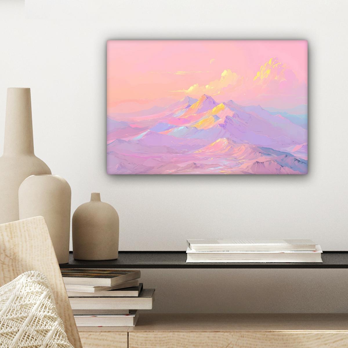 LEINWANDBILD Berggipfel - Wolken - Verträumt Deko Schlafzimmer 30x20 cm - Hellrosa, Textil (30/20cm) - MuchoWow