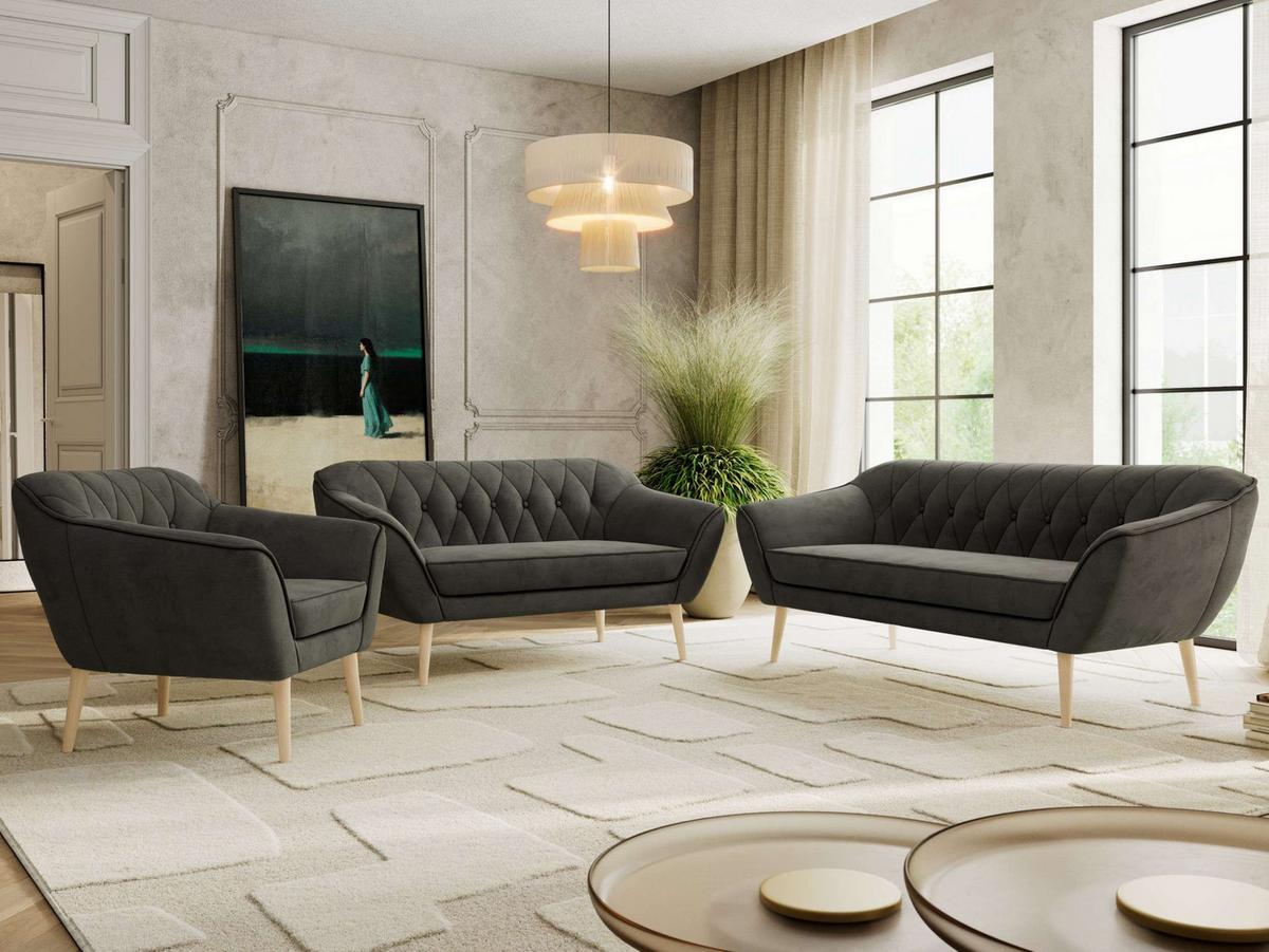 SITZGARNITUR PIRS 3+2+1 - Dunkelgrau Velvet - Holzbeine - Dunkelgrau/Buchefarben, Holzwerkstoff/Textil (180/75/74cm) - MKS
