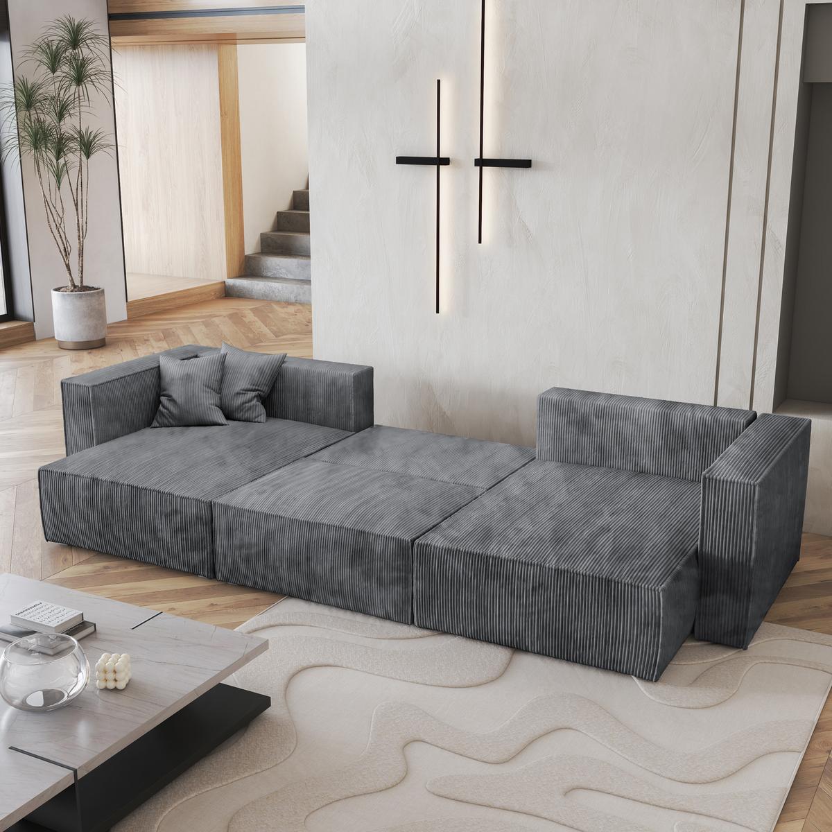 WOHNLANDSCHAFT SARMO P Grau Kordstoff mit Schlaffunktion - Grau, Holz/Kunststoff (347/70/148cm) - MASSENO