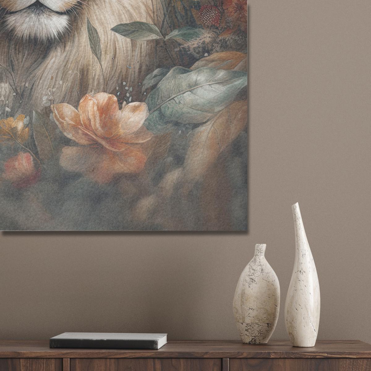 AKUSTIKBILD Löwe - Wildtiere - Pflanzen - Natur - Blumen Wandbilder 60x80 cm - Beige, Kunststoff (60/80/0.9cm) - MuchoWow