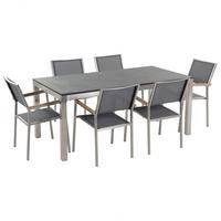 GARTENMÖBEL SET 6-Sitzer Naturstein schwarz geflammt Textilbespannung grau Grosseto - Silberfarben/Grau, Metall - Beliani